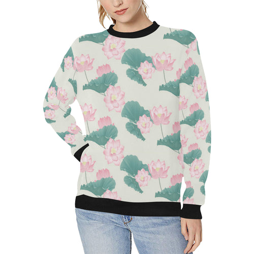 Pink lotus waterlily leaves pattern Women's Crew Neck Sweatshirt