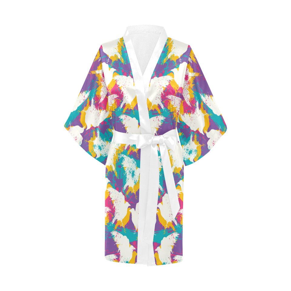 Colorful crow illustration pattern Women's Short Kimono Robe