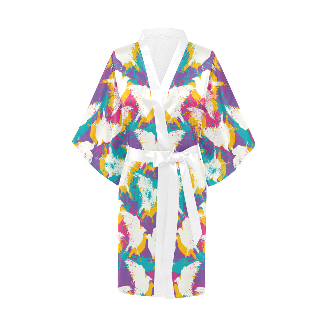 Colorful crow illustration pattern Women's Short Kimono Robe