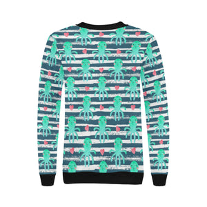 Cute octopuses heart striped background Women's Crew Neck Sweatshirt
