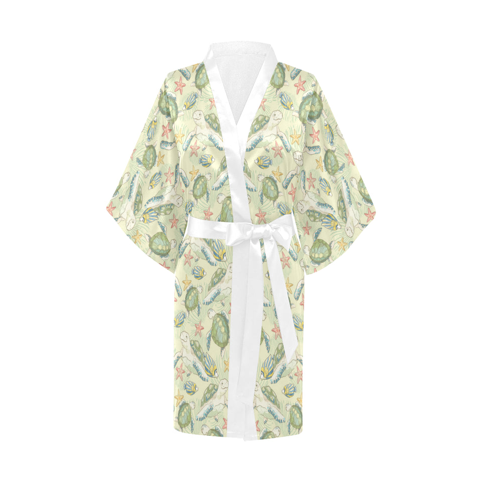 Hand drawn sea turtle fish pattern Women's Short Kimono Robe