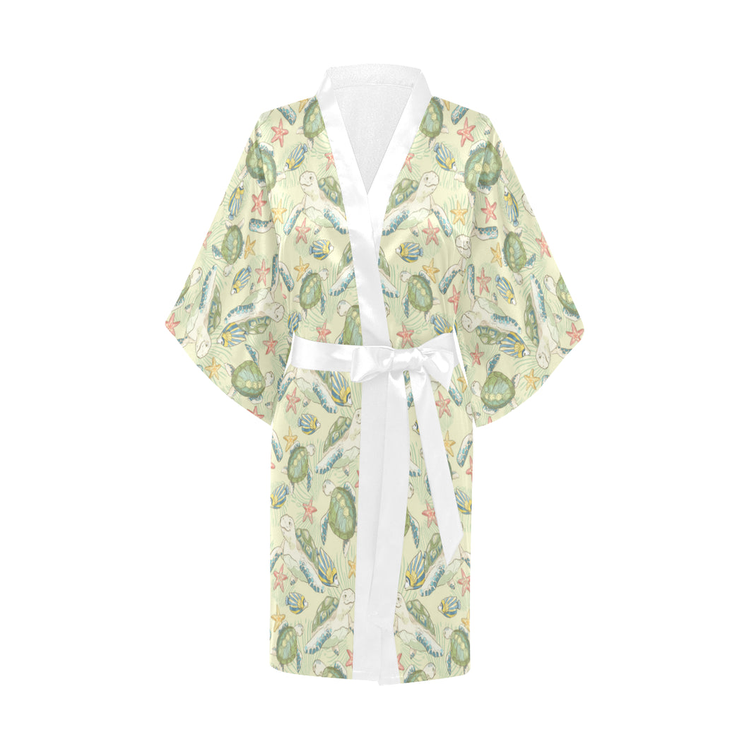 Hand drawn sea turtle fish pattern Women's Short Kimono Robe