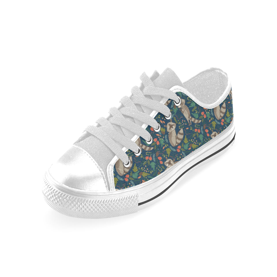 Raccoon tropical leaves pattern Men's Low Top Shoes White