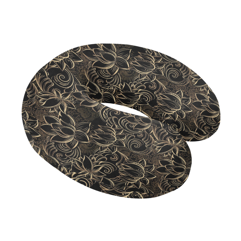 luxurious gold lotus waterlily black background U-Shaped Travel Neck Pillow