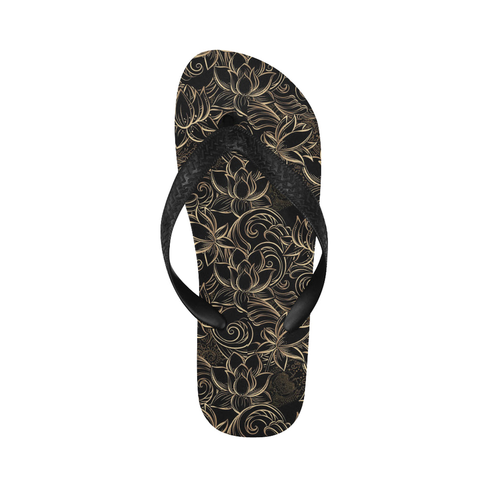 luxurious gold lotus waterlily black background Unisex Flip Flops