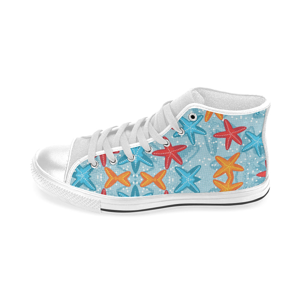 Blue red orange starfish pattern Men's High Top Canvas Shoes White