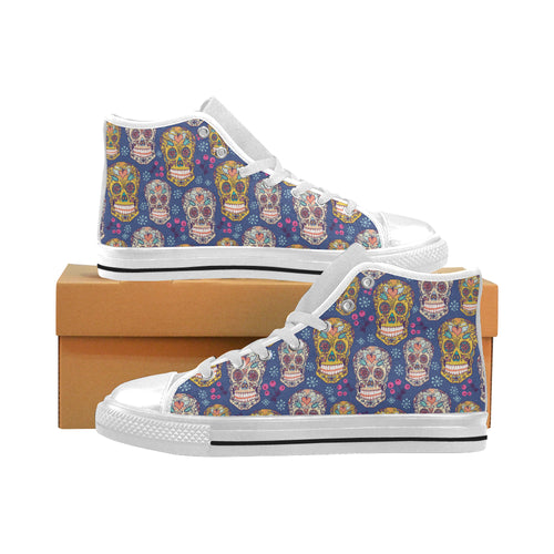 Sugar skull flower pattern Men's High Top Canvas Shoes White
