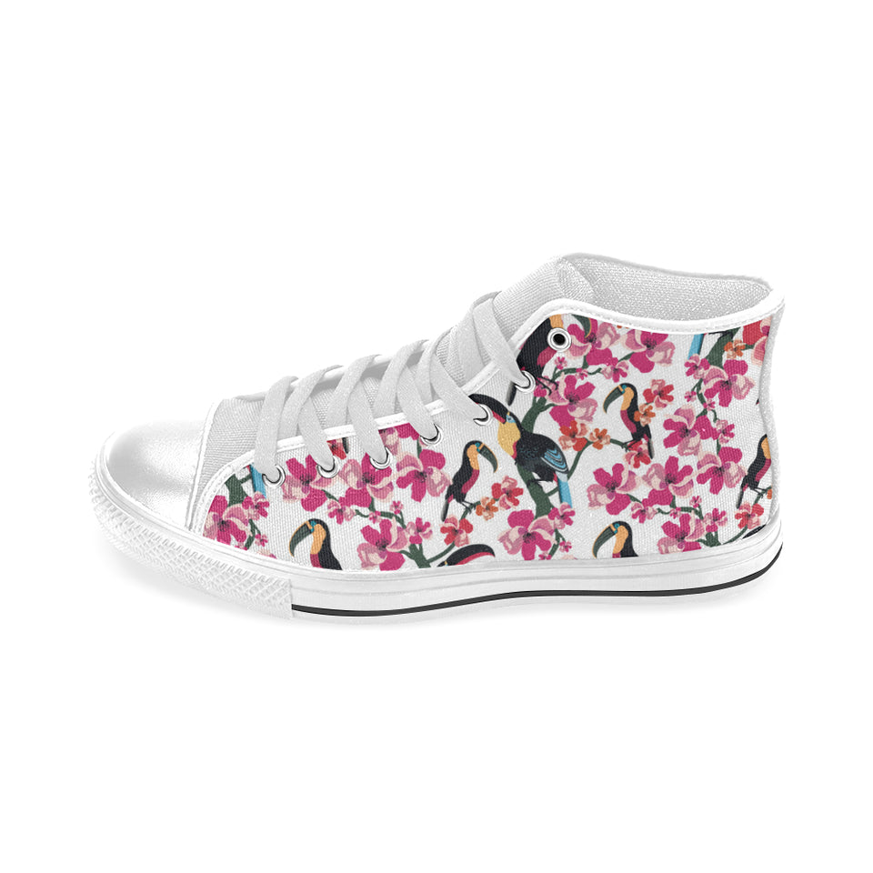 Toucan flower design pattern Men's High Top Canvas Shoes White