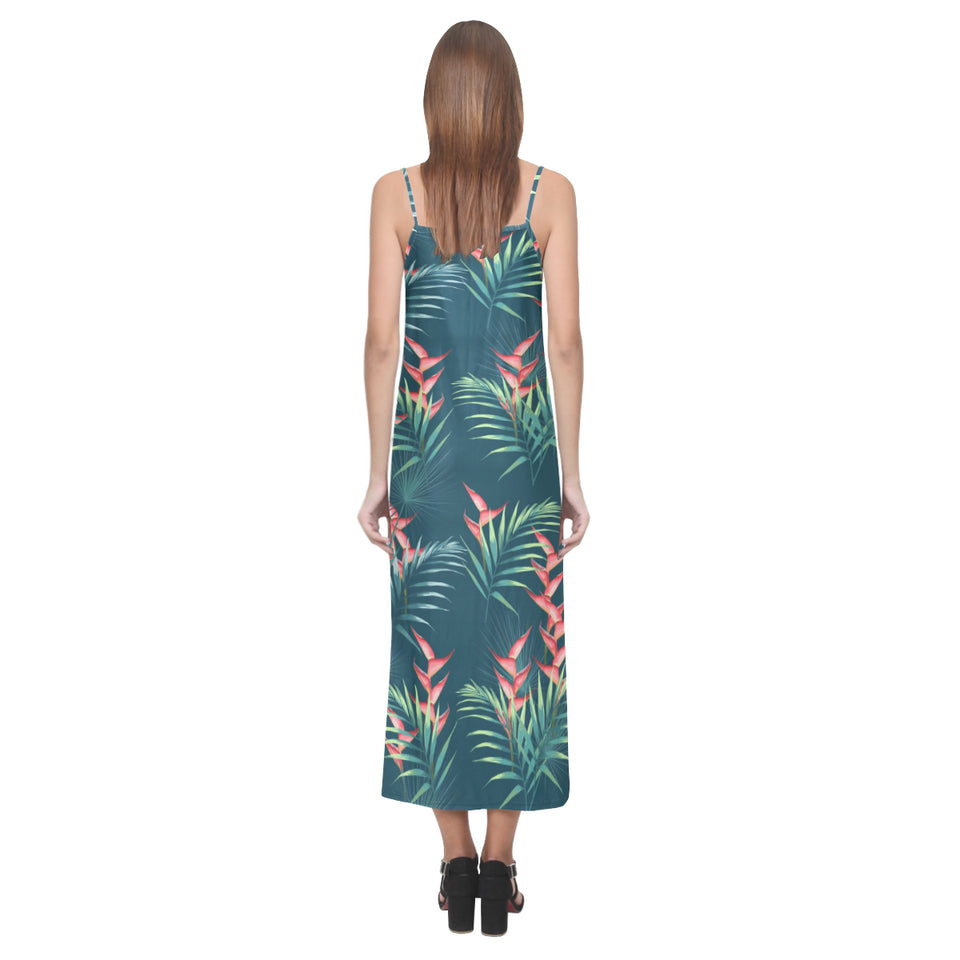 heliconia flowers, palm and monstera leaves on bla V-Neck Open Fork Long Dress