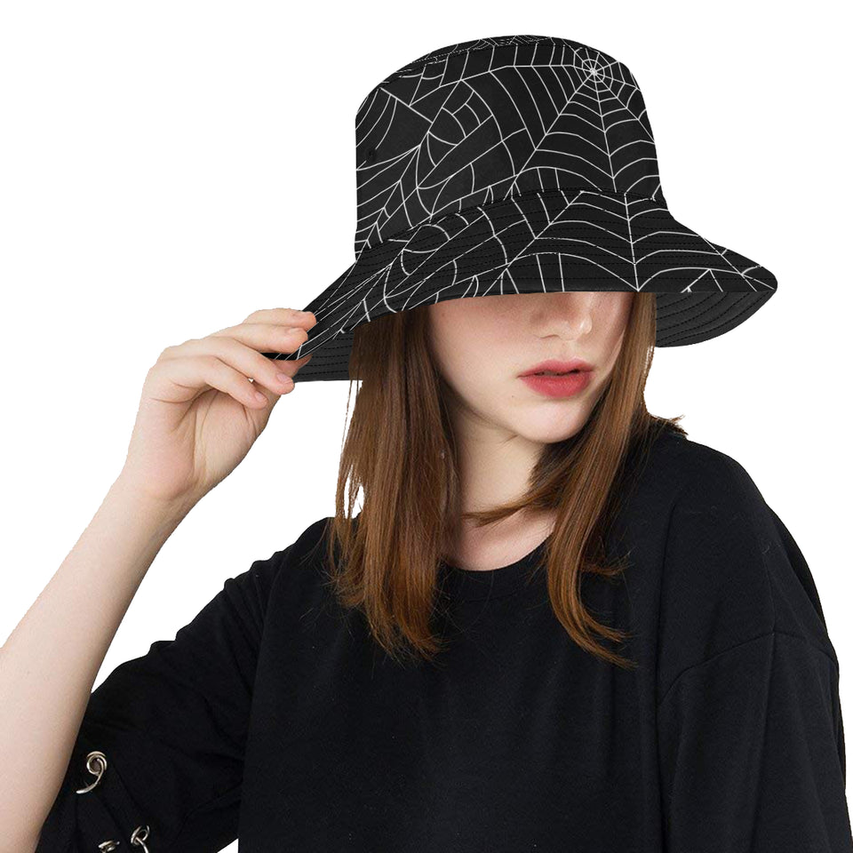 Spider web pattern Black background white cobweb Unisex Bucket Hat
