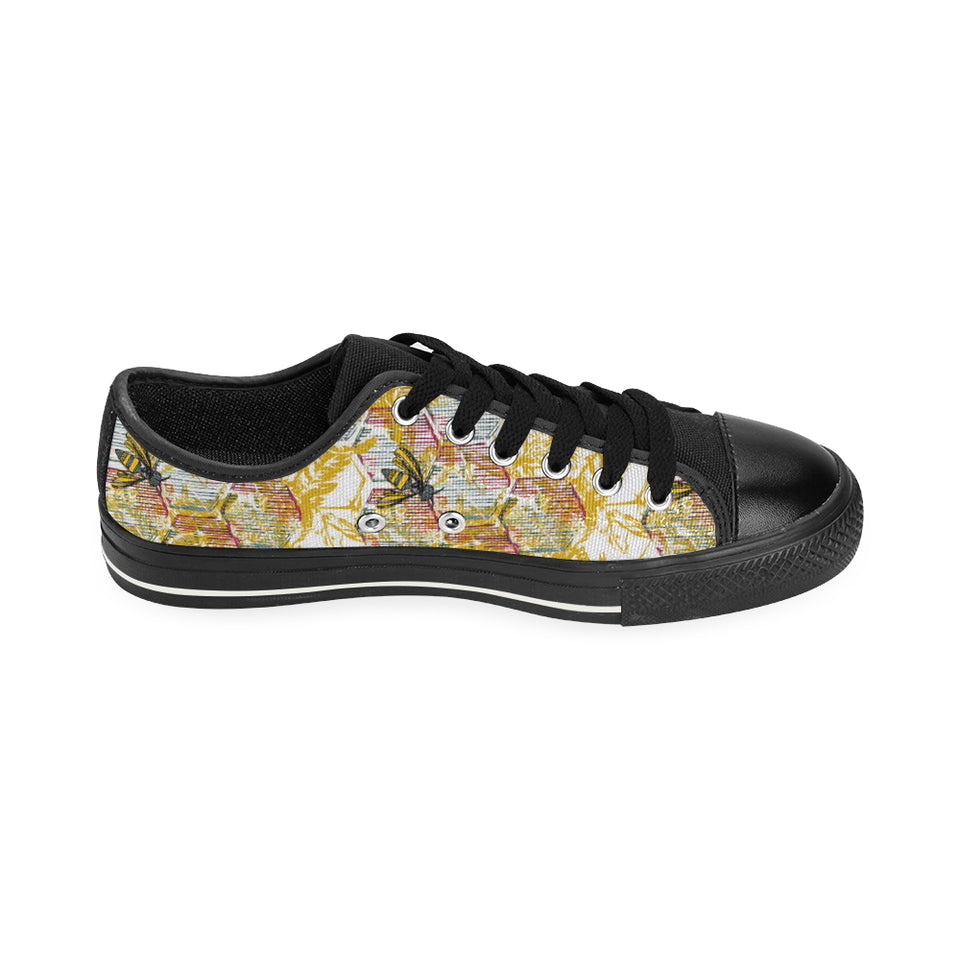 Cool Bee honeycomb leaves pattern Men's Low Top Canvas Shoes Black