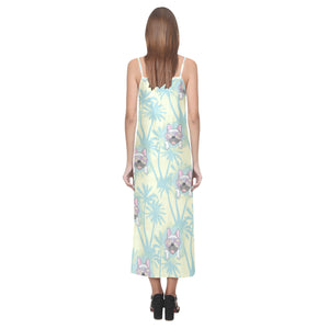 French bulldog hawaii blackground V-Neck Open Fork Long Dress