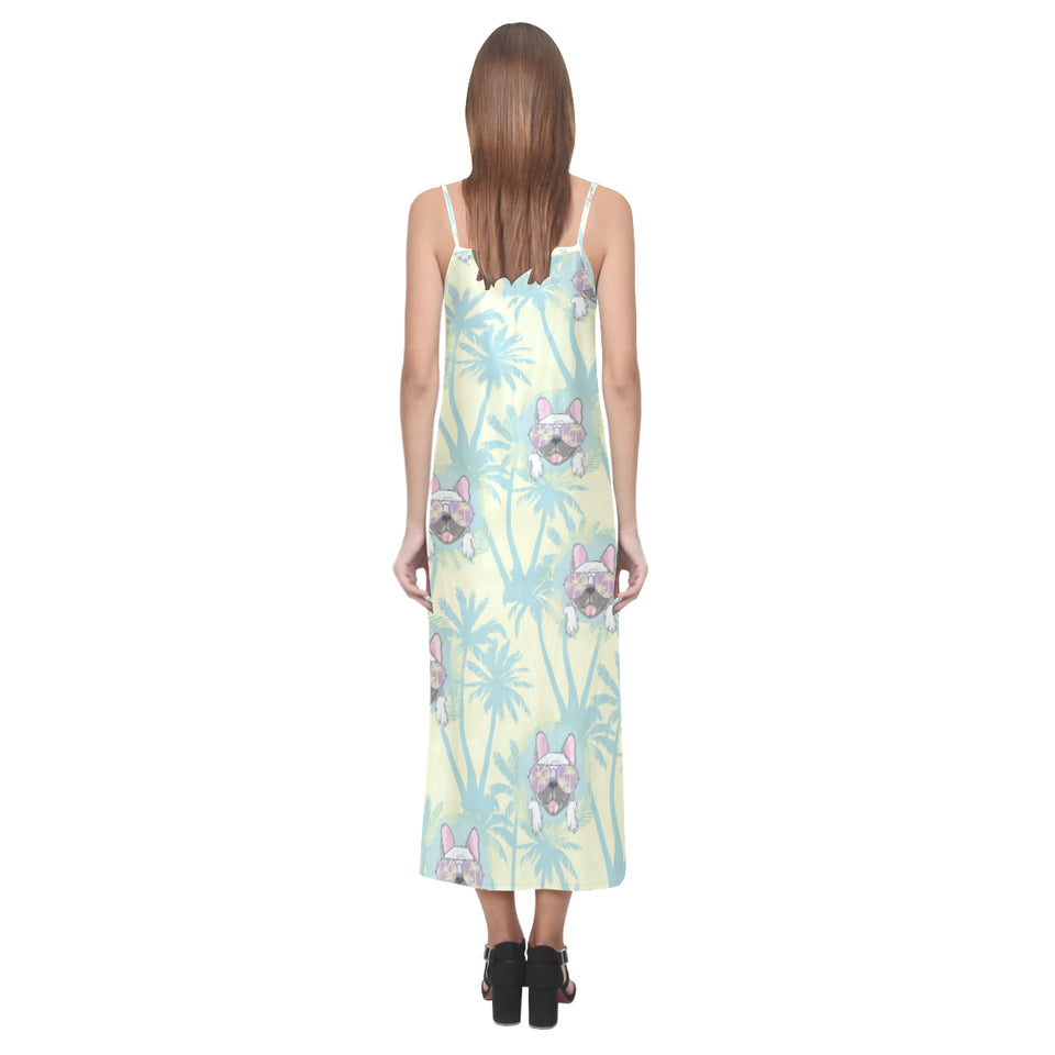 French bulldog hawaii blackground V-Neck Open Fork Long Dress