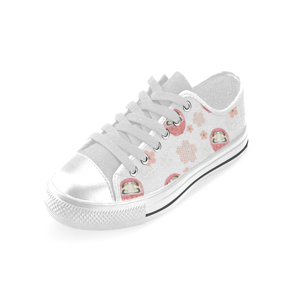 Daruma japanese wooden doll cherry blossom flower Men's Low Top Canvas Shoes White