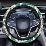 Cute sloths tropical palm leaves white background Car Steering Wheel Cover