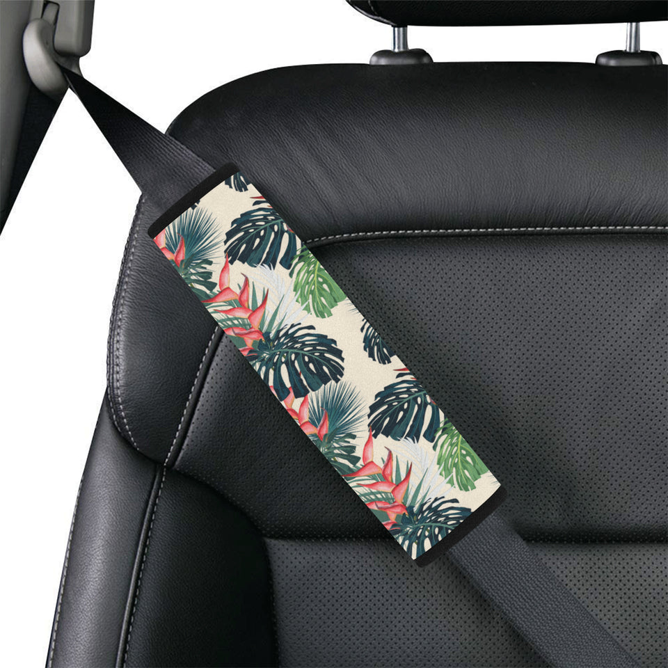 heliconia flowers, palm and monstera leaves Car Seat Belt Cover