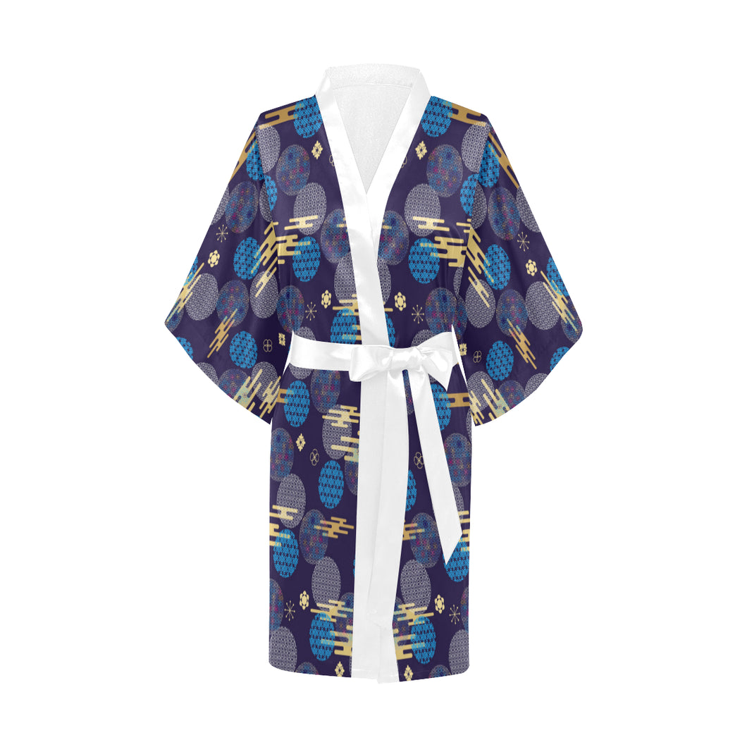 Blue japanese pattern cloud wave flower Women's Short Kimono Robe