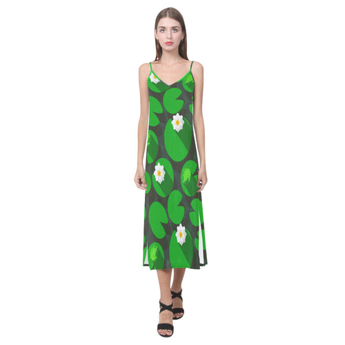 Frog waterlily pattern V-Neck Open Fork Long Dress