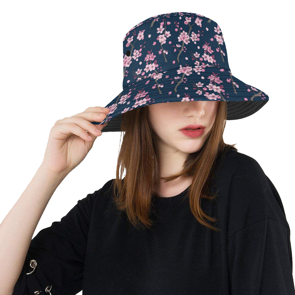 Pink sakura cherry blossom blue background Unisex Bucket Hat
