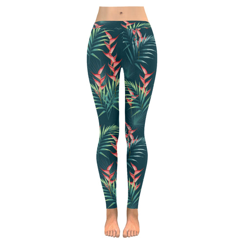 heliconia flowers, palm and monstera leaves on bla Women's Legging Fulfilled In US