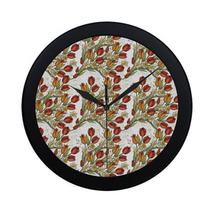 Red tulips and daffodils pattern Elegant Black Wall Clock