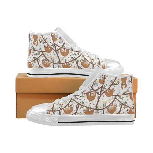 Sloths hanging on the tree pattern Women's High Top Canvas Shoes White