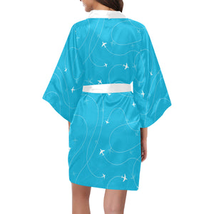 Airplane destinations blue background Women's Short Kimono Robe