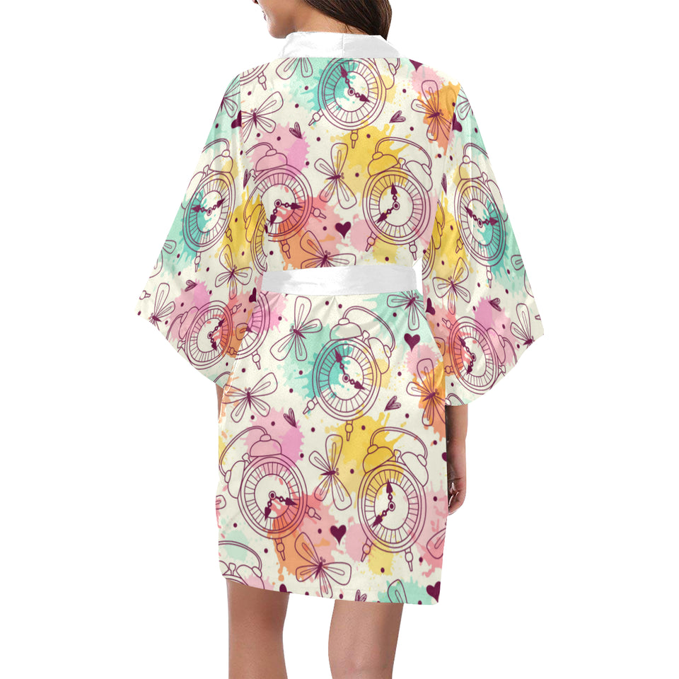 Clock butterfly pattern Women's Short Kimono Robe