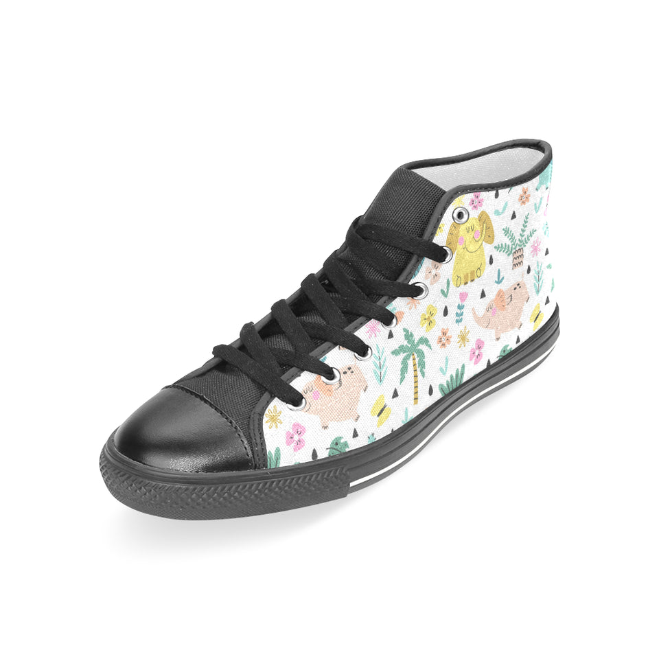 Cute elephants palm tree flower butterfly pattern Women's High Top Canvas Shoes Black