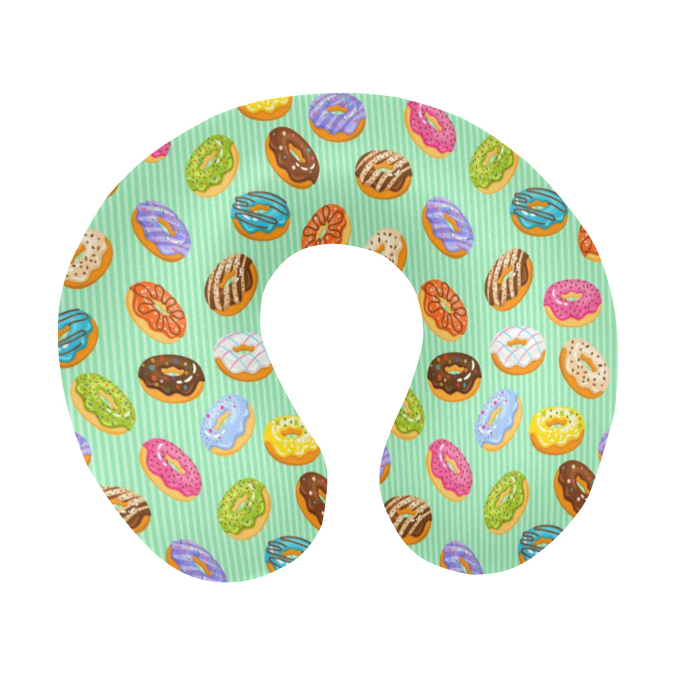 Colorful donut pattern green background U-Shaped Travel Neck Pillow