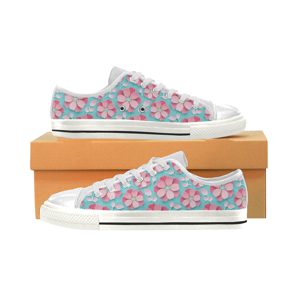 3D sakura cherry blossom pattern Women's Low Top Canvas Shoes White