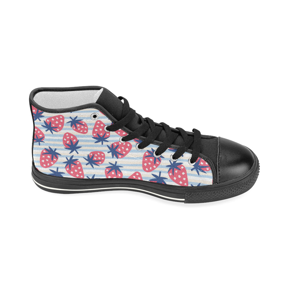 Strawberry pattern blue lines background Women's High Top Canvas Shoes Black
