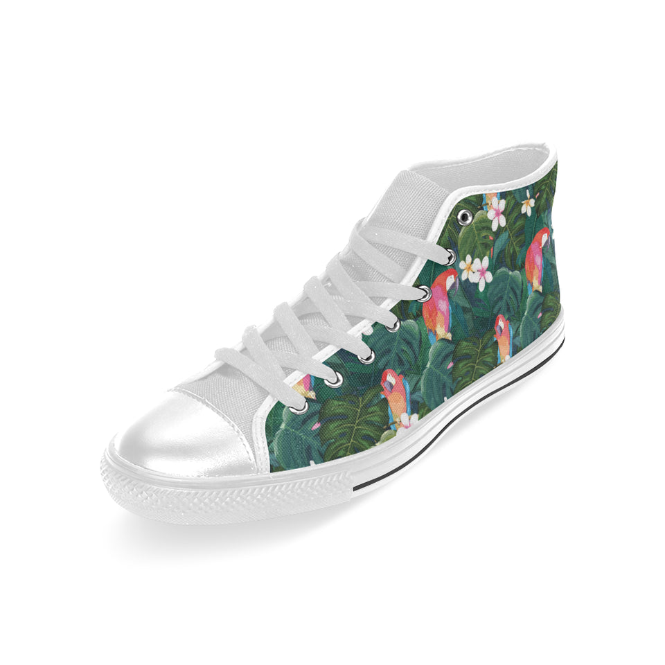 Parrot Palm tree leaves flower hibiscus pattern Men's High Top Canvas Shoes White