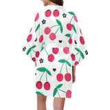 cherry pattern white background Women's Short Kimono Robe