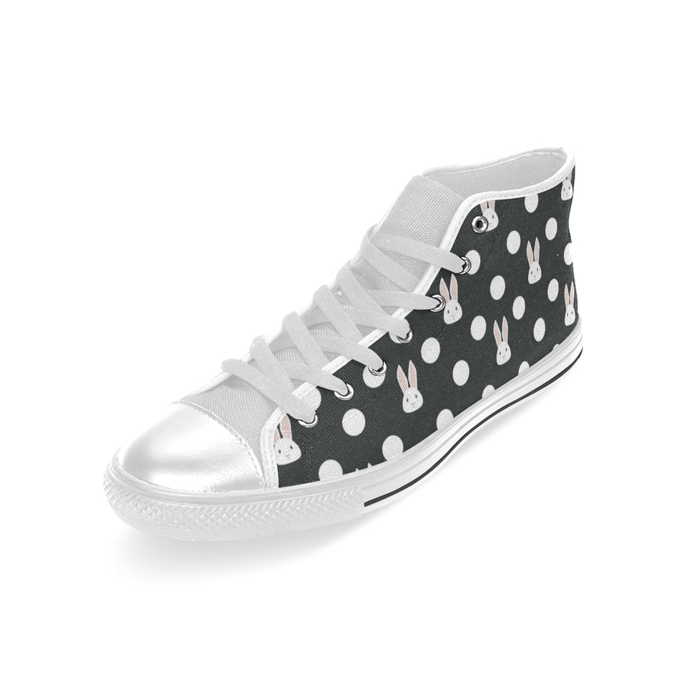 Cute white rabbit polka dots black background Men's High Top Canvas Shoes White