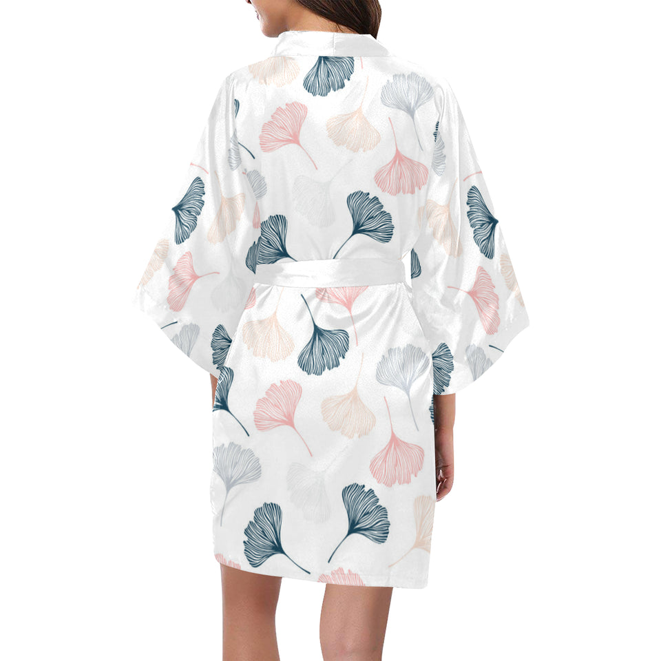 Black Gray Cream coral ginkgo leaves pattern Women's Short Kimono Robe