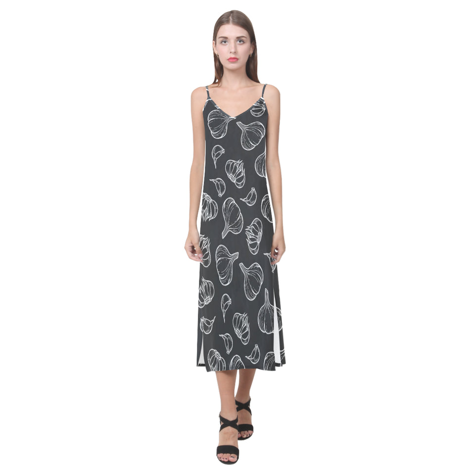 Garlic pattern black background V-Neck Open Fork Long Dress