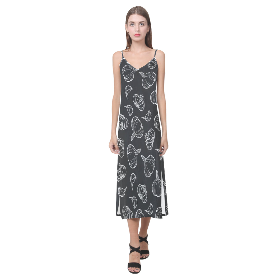 Garlic pattern black background V-Neck Open Fork Long Dress