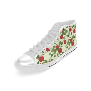 Red apples leaves pattern Men's High Top Canvas Shoes White