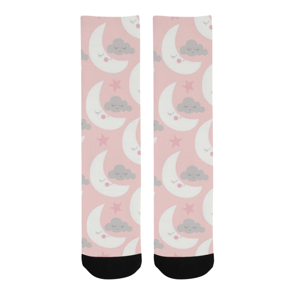 Cute moon cloud star pattern pink dot background Crew Socks