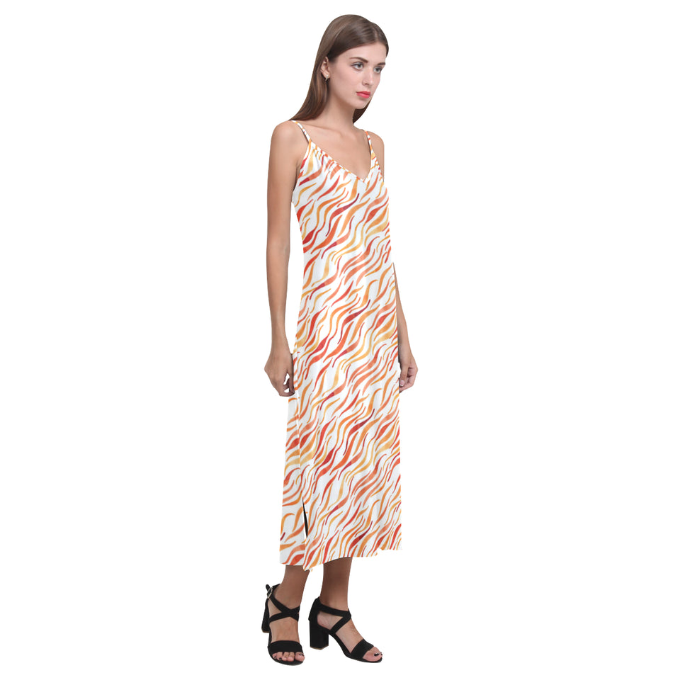 Fire flame watercolor pattern V-Neck Open Fork Long Dress