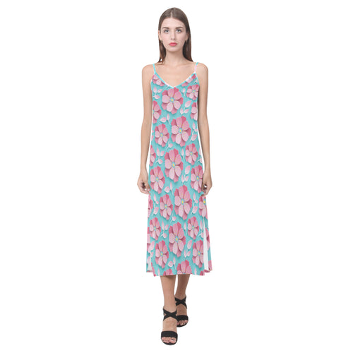 3D sakura cherry blossom pattern V-Neck Open Fork Long Dress