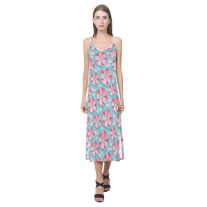 3D sakura cherry blossom pattern V-Neck Open Fork Long Dress