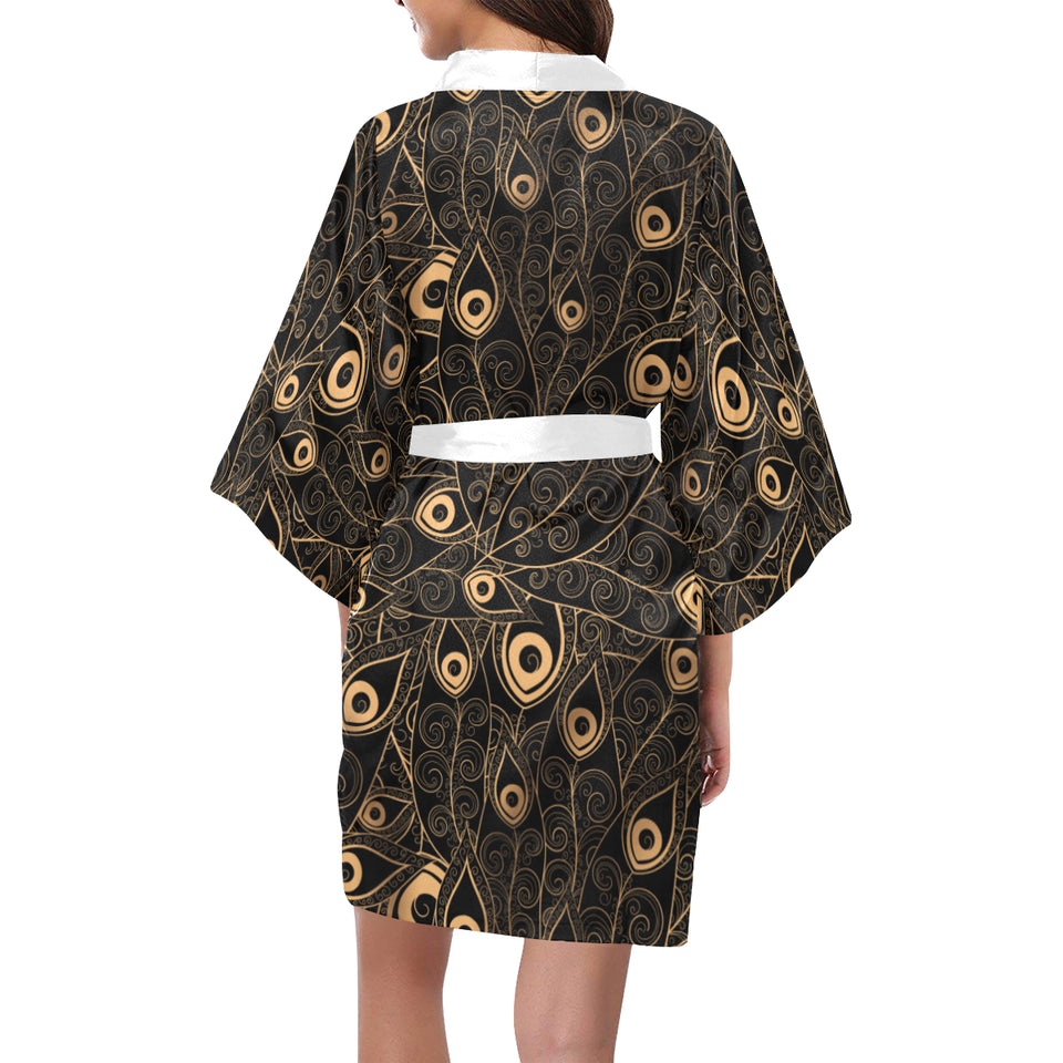 Gold peacock feather pattern Women's Short Kimono Robe