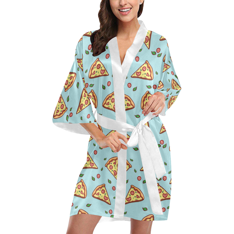 Hand drawn pizza blue background Women's Short Kimono Robe