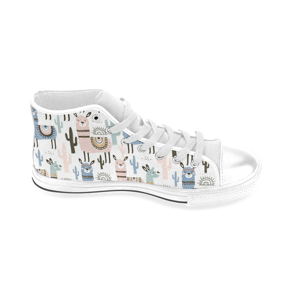 lama Alpaca cactus hand drawn pattern Men's High Top Canvas Shoes White