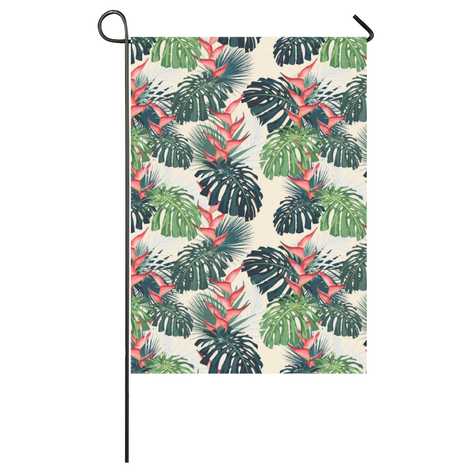 heliconia flowers, palm and monstera leaves House Flag Garden Flag