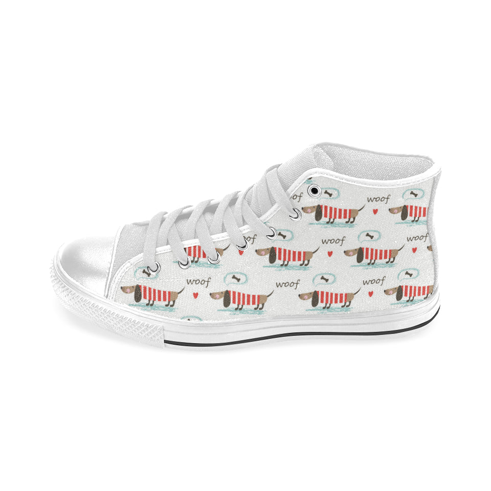Cute dachshund bone pattern Men's High Top Canvas Shoes White