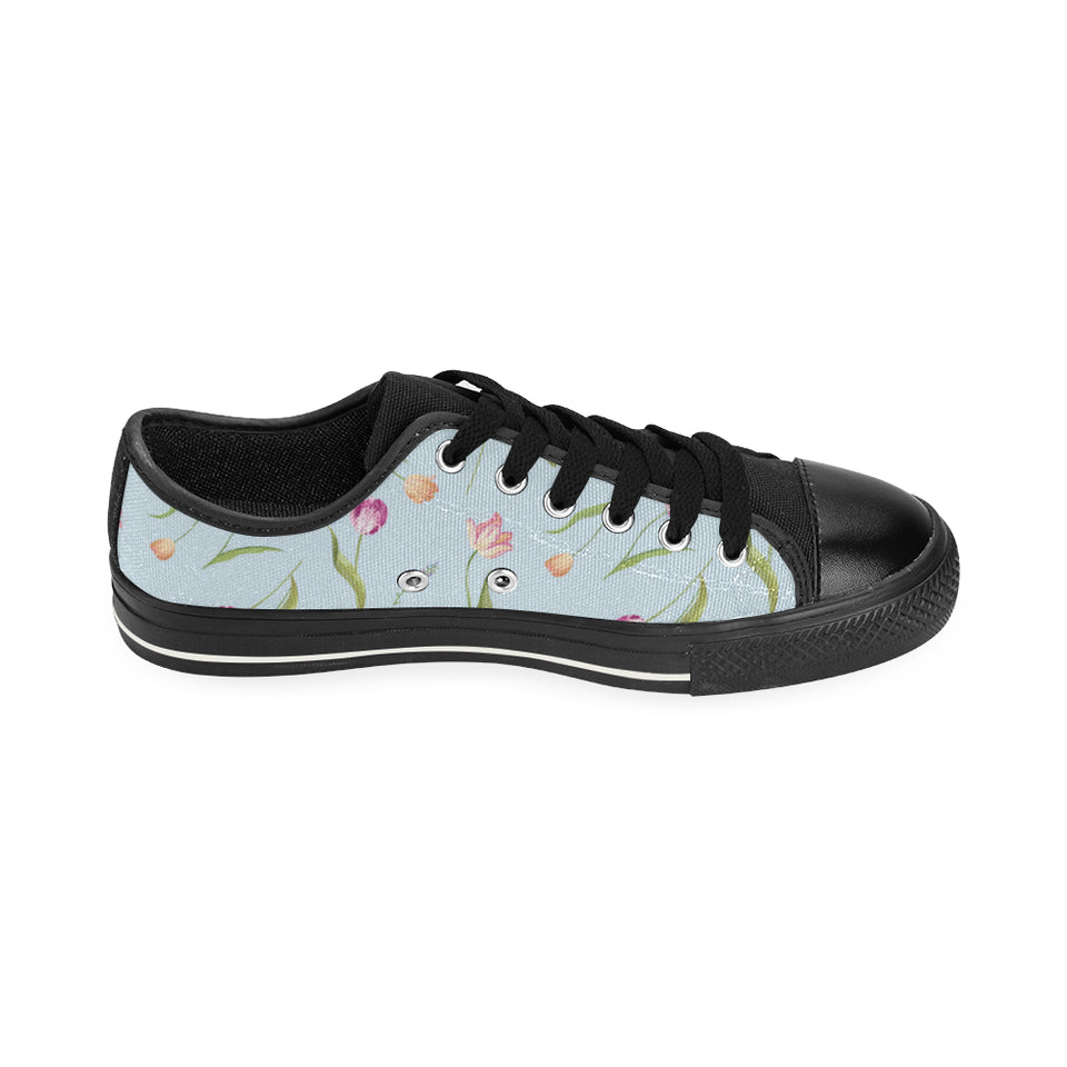 Watercolor Tulips pattern Men's Low Top Canvas Shoes Black