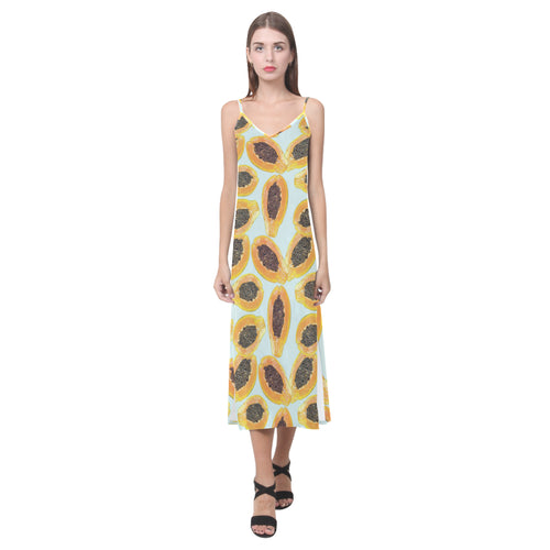 Watercolor papaya pattern V-Neck Open Fork Long Dress